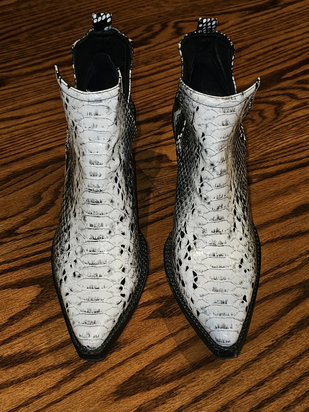 Free People White and Black Faux Snakeskin Pointed Ankle Boots